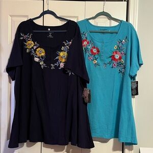 BUndle of 2 Woman Within Floral Embroidered Tops - Navy and Teal